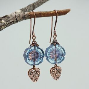 HAND CRAFTED Blue Artisan Glass Flower Copper Boho Vintage Dangle Earrings